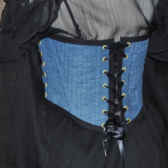 New Reversible Green Plaid & Denim Side & Back Lace-up Corset Bustier Top M - Picture 9 of 13